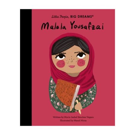 The image shows the front cover of the book. It has a red background and there is an illustration of Malala Yousafzal on the front. Malala is holding a book and a pencil in her hands.