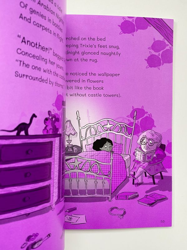 The image shows two pages from Midnight Magic. The pages have a purple background with a black typeface. There are illustrations of a child's bedroom with a child in bed, being read a bedtime story.