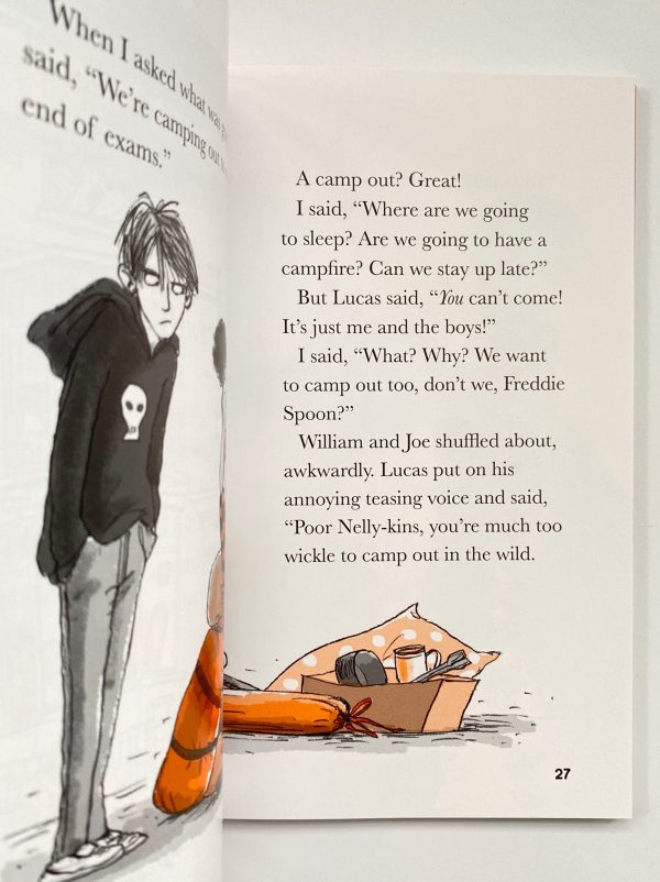 The image shows two pages from The Beast of Bramble Wood. The pages have a white background with black typeface. There is a black and white illustration of a teenager on the left-hand page and some boxes and camping equipment illustrated in orange on the right-hand page.