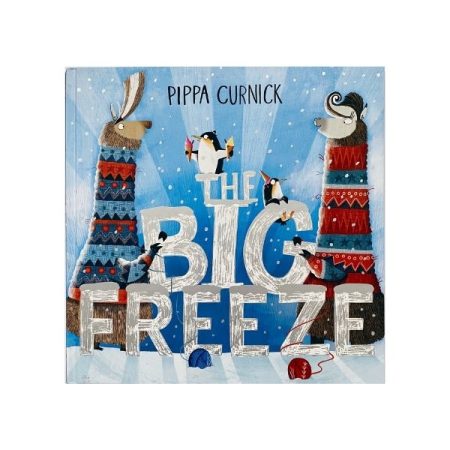 The image shows the cover of The Big Freeze. The book has a blue background and there are illustrations of two llamas wearing woolly jumpers.