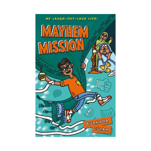 The image shows the front cover of Mayhem Mission. It shows an illustration of a boy swinging on a curtain and there are two other people in the background looking shocked.