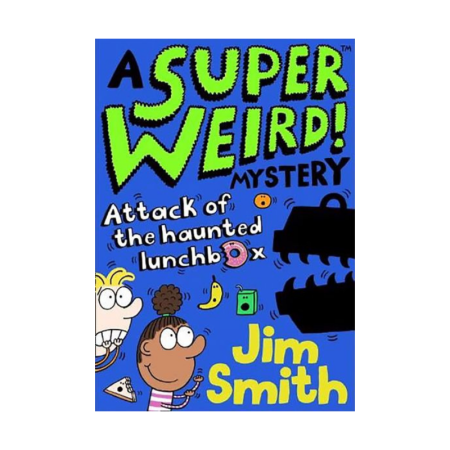 The image shows the front cover of the book. The book has a blue background and there is an illustration of a giant black lunchbox with teeth. There are two children staring at the lunchbox looking worried. There are also illustrations of a a banana, an orange, a juice carton, a donut and a sandwich on the page.